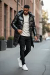 Geaca barbati de iarna, lunga, neagra lucioasa 5132